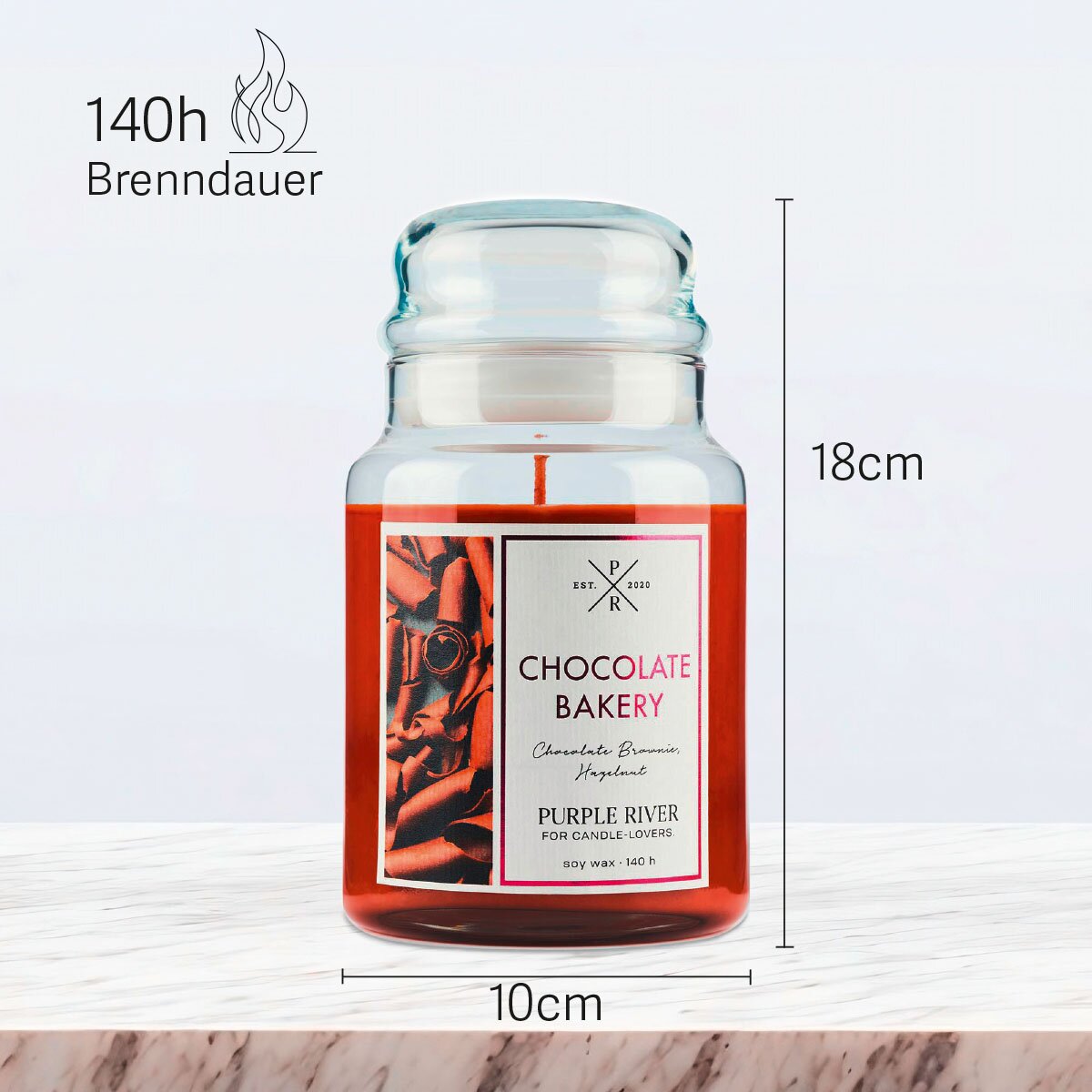 Vegane Premium-Sojawachs-Duftkerze ‚Chocolate Bakery‘ von Purple River (623g). Nachhaltige Kerze im Glas mit extralanger 140h-Brenndauer, Höhe 18cm & Breite 10cm. Hochwertige Wellness-Deko, Made in Germany.