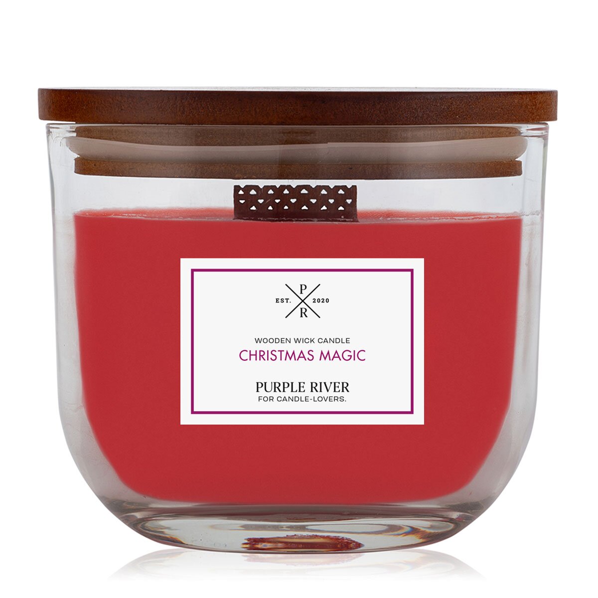 Hochwertige Sojawachs-Duftkerze (370g) von Purple River mit Holzdocht. Brenndauer von 60 Stunden. Die vegane Duftkerze im Glas hat rotes Wachs. Ist ideal als stilvolle Dekoration & liebevolles Weihnachtsgeschenk. Gefertigt in Deutschland.