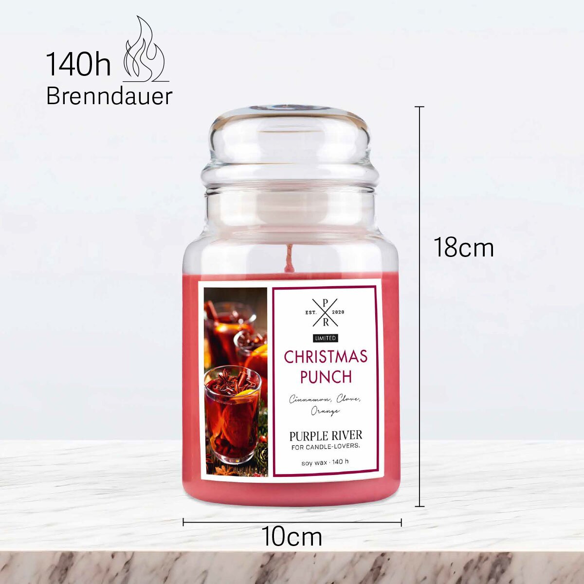 Vegane Premium-Sojawachs-Duftkerze ‚Christmas Punch‘ von Purple River (623g). Nachhaltige Kerze im Glas mit extralanger 140h-Brenndauer, Höhe 18cm & Breite 10cm. Hochwertige Weihnachts-Deko, Made in Germany.