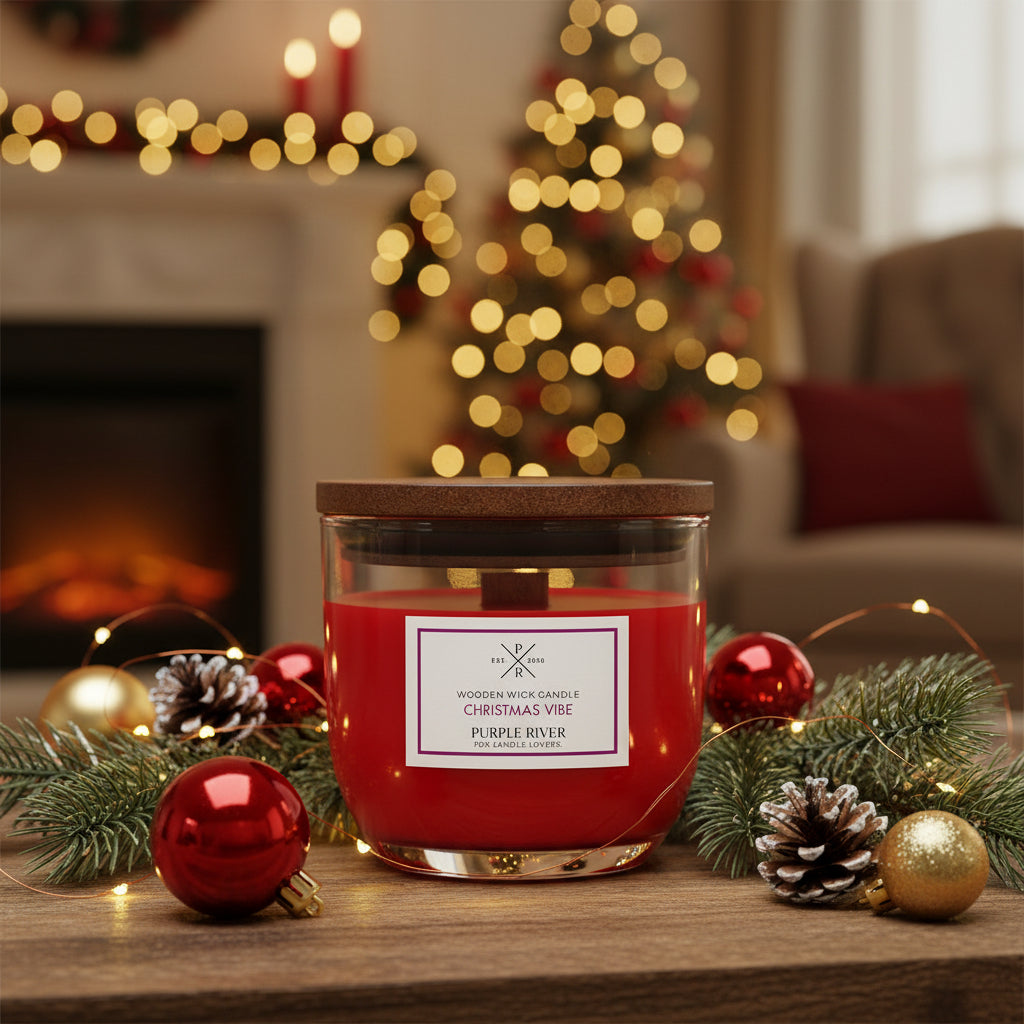 Kleine vegane Sojawachs-Duftkerze von Purple River im Glas mit rotem Wachs und Holzdocht in weihnachtlichem Wohnzimmer mit Lichterketten, Kamin und Weihnachtsbaum, 85 g, 20 Stunden Brenndauer, weihnachtlicher Duft, stilvolle Dekoration und kleines Weihnachtsgeschenk, hergestellt in Deutschland.