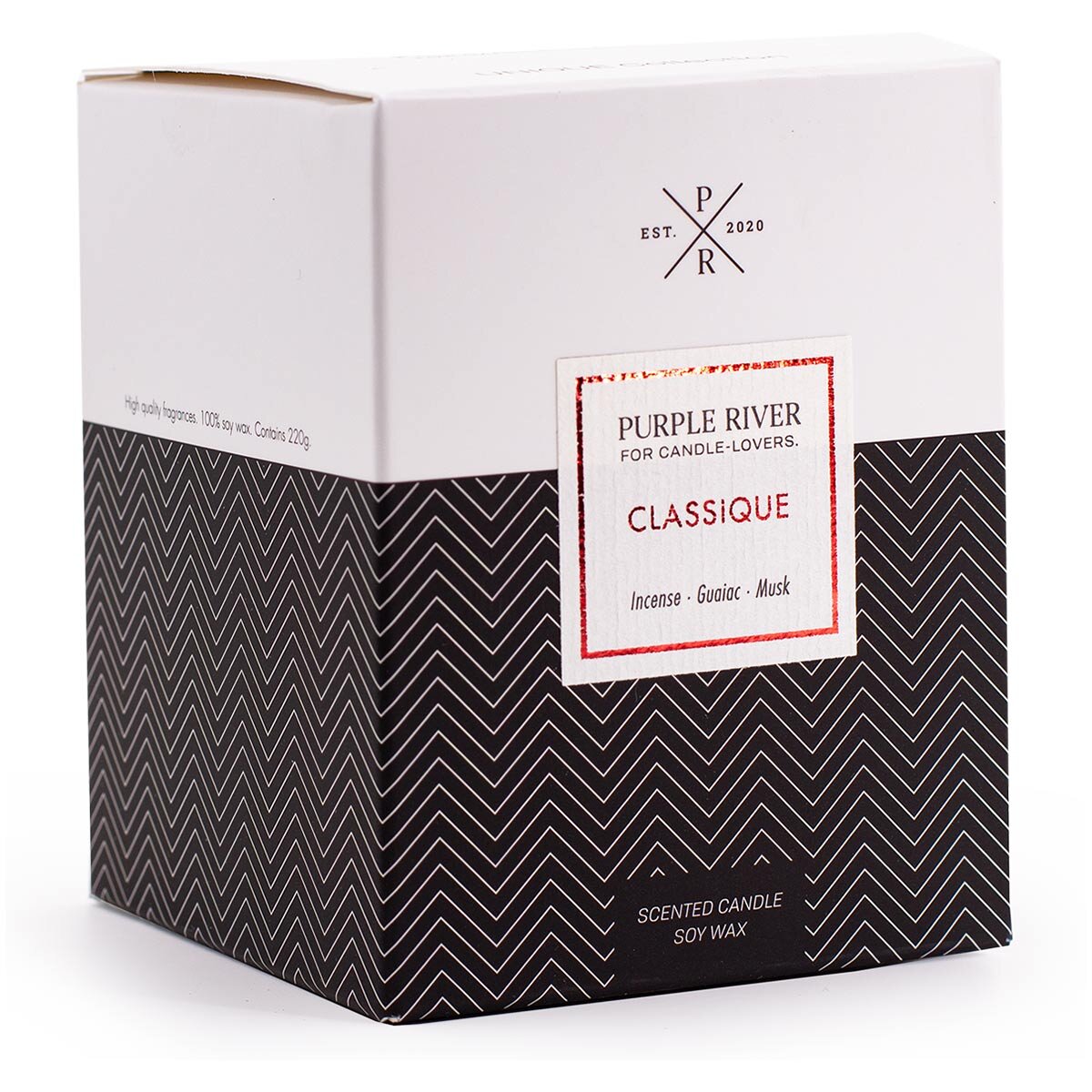 Verpackung der hochwertigen Sojawachskerze (220g) von Purple River mit langer 50h-Brenndauer. Die Verpackung ist oben weiß und unten schwarz, ideal als exklusives Geschenk oder stilvolle Überraschung. Hergestellt in Deutschland.