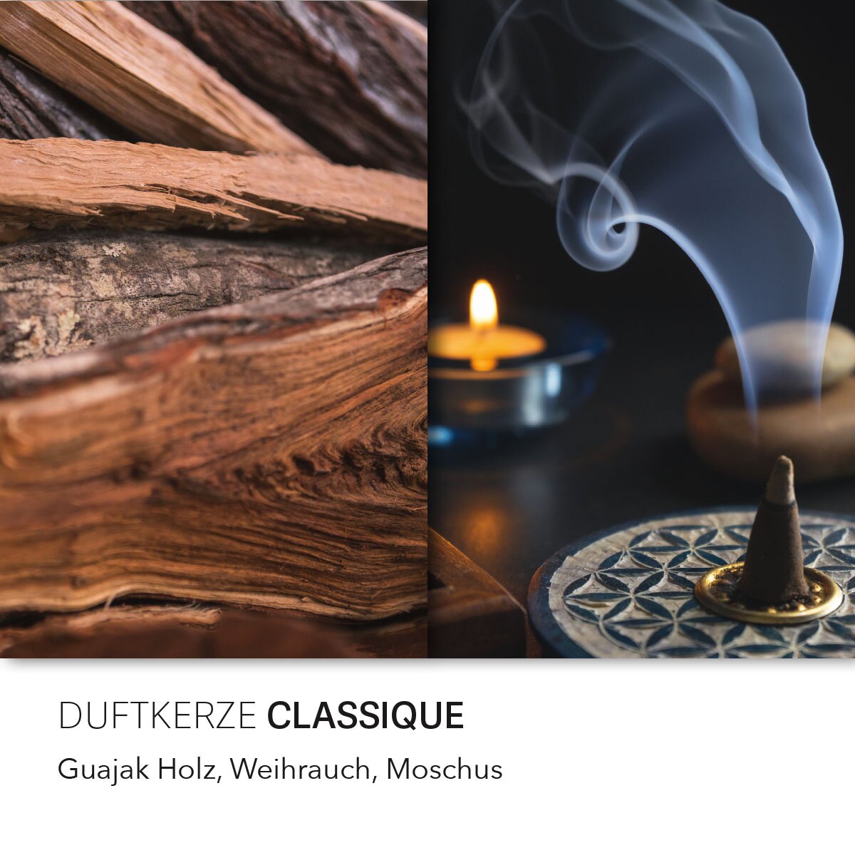 Vegane Sojawachs-Duftkerze von Purple River mit Holzdocht und natürlichen Duftnoten Guajak Holz, Weihrauch & Moschus. Premium-Wellness-Kerze für entspannte Momente, stilvolle Wohndeko & hochwertige Geschenkideen. Made in Germany.