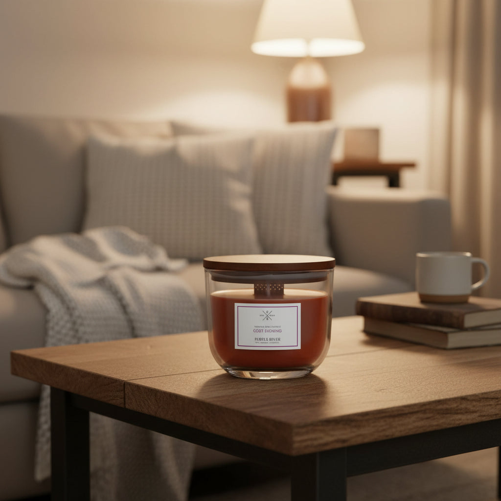 Hochwertige vegane Sojawachs-Duftkerze von Purple River mit Holzdocht und rotem Wachs im Glas, 370 g, 60 Stunden Brenndauer, dekorativ auf Holztisch im gemütlichen Wohnzimmer mit Sofa, hergestellt in Deutschland, ideal als stilvolle Deko und luxuriöses Wellness-Geschenk.