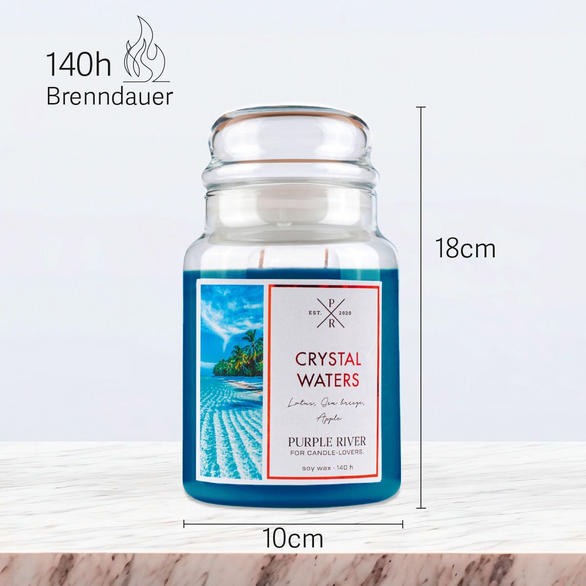 Vegane Premium-Sojawachs-Duftkerze ‚Crystal Waters‘ von Purple River (623g). Nachhaltige Kerze im Glas mit extralanger 140h-Brenndauer, Höhe 18cm & Breite 10cm. Hochwertige Wellness-Deko, Made in Germany.