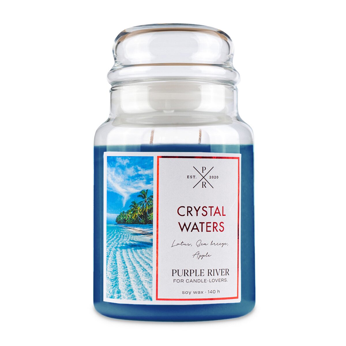 Hochwertige Sojawachs-Duftkerze (623g) von Purple River mit extralanger 140h-Brenndauer. Die große vegane Duftkerze im Glas mit blauem Wachs ist ideal für Yoga, als stilvolle Dekoration & luxuriöses Wellness-Geschenk. Gefertigt in Deutschland.