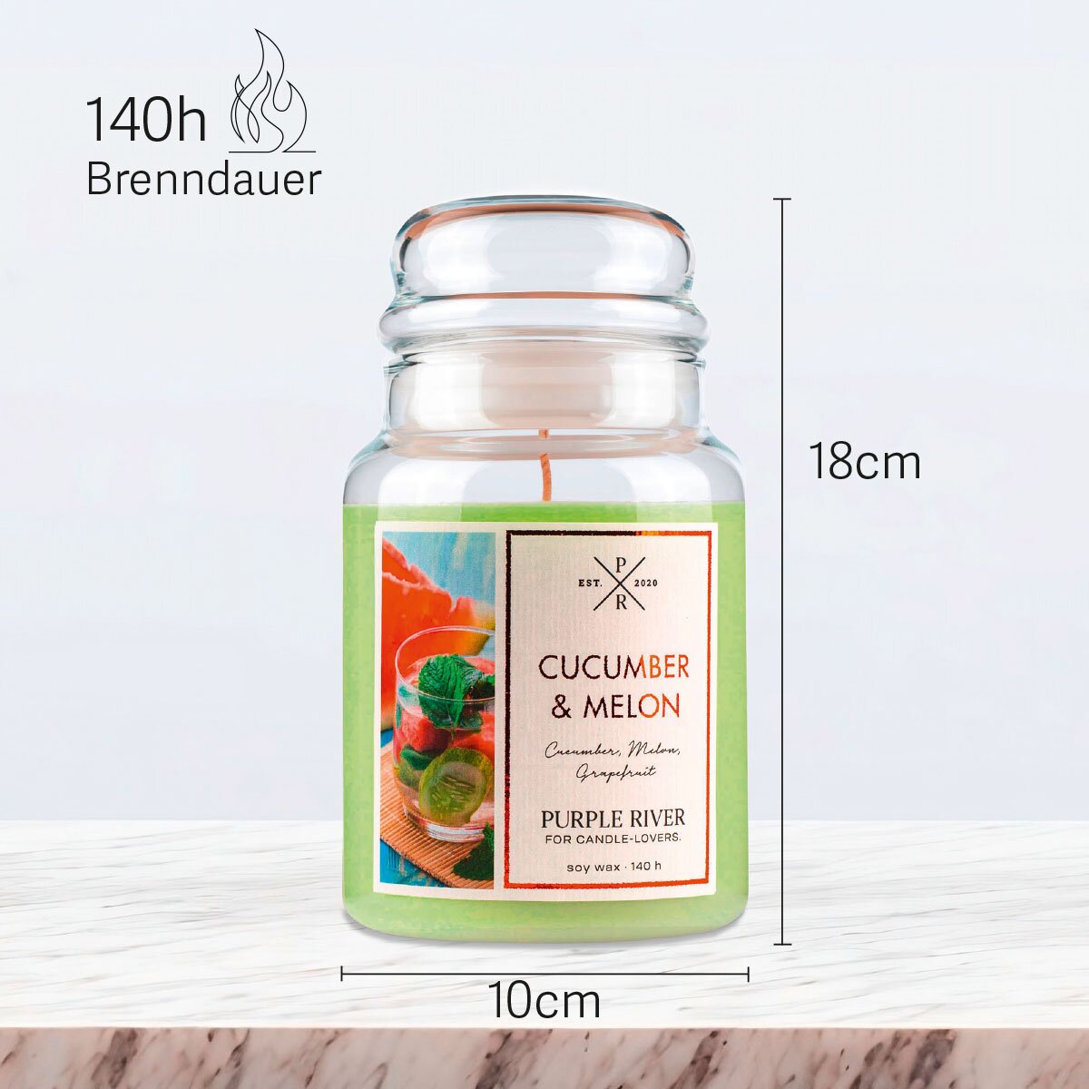 Vegane Premium-Sojawachs-Duftkerze ‚Cucumber Melon‘ von Purple River (623g). Nachhaltige Kerze im Glas mit extralanger 140h-Brenndauer, Höhe 18cm & Breite 10cm. Hochwertige Wellness-Deko, Made in Germany.