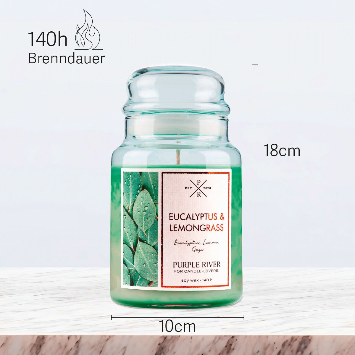 Vegane Premium-Sojawachs-Duftkerze ‚Eucalyptus Lemongrass‘ von Purple River (623g). Nachhaltige Kerze im Glas mit extralanger 140h-Brenndauer, Höhe 18cm & Breite 10cm. Hochwertige Wellness-Deko, Made in Germany.