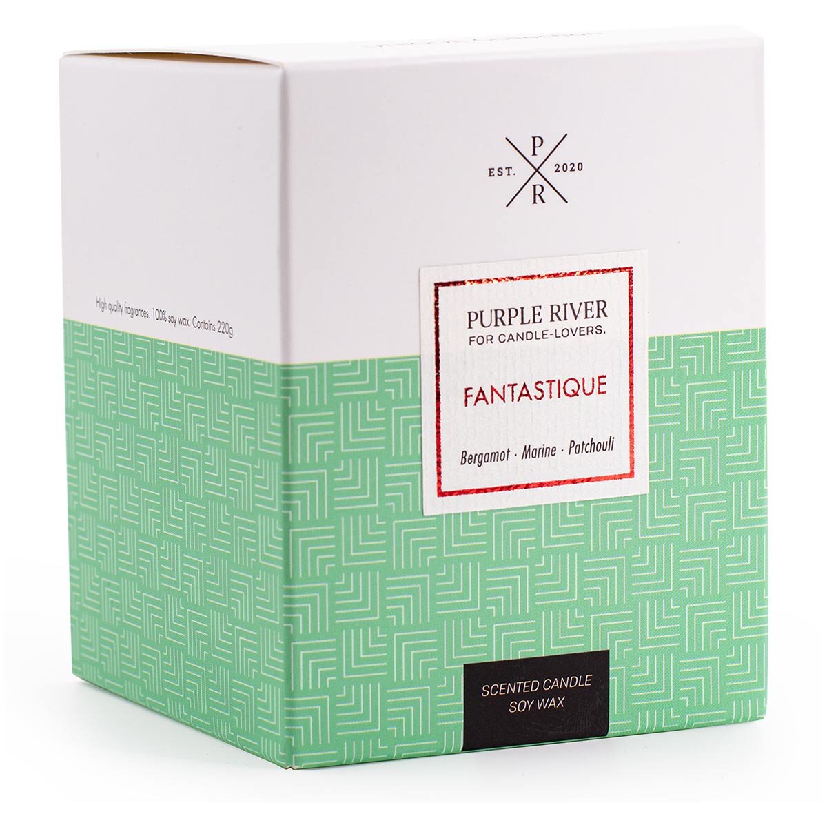 Verpackung der hochwertigen Sojawachskerze (220g) von Purple River mit langer 50h-Brenndauer. Die Verpackung ist oben weiß und unten grün, ideal als exklusives Geschenk oder stilvolle Überraschung. Hergestellt in Deutschland.