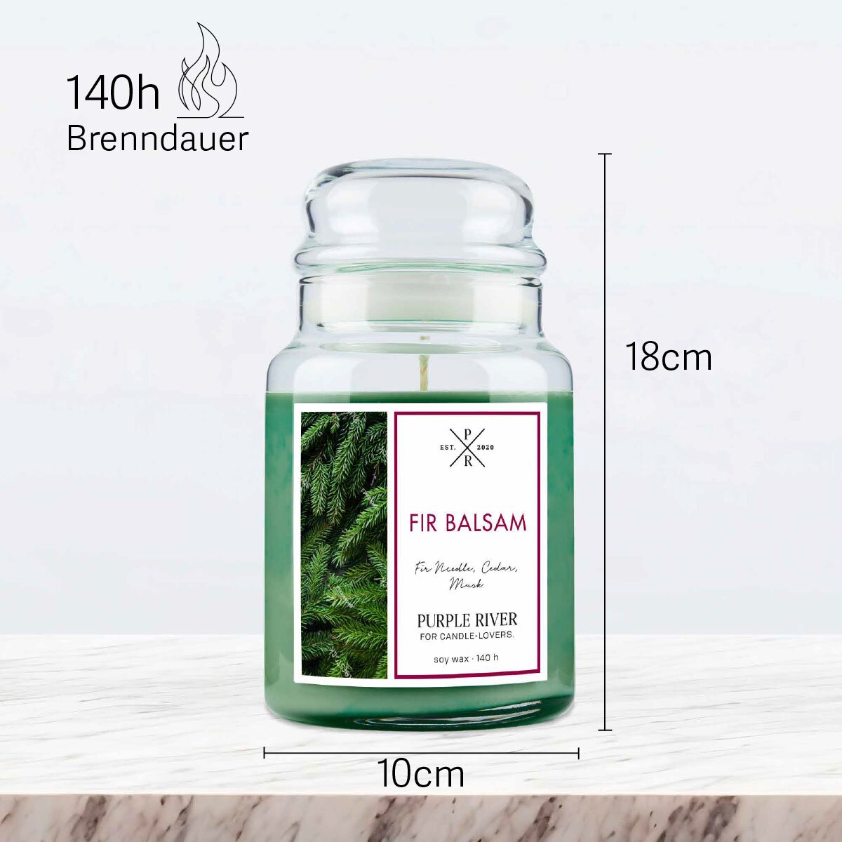 Vegane Premium-Sojawachs-Duftkerze ‚Fir Balsam‘ von Purple River (623g). Nachhaltige Kerze im Glas mit extralanger 140h-Brenndauer, Höhe 18cm & Breite 10cm. Hochwertige Wellness-Deko, Made in Germany.