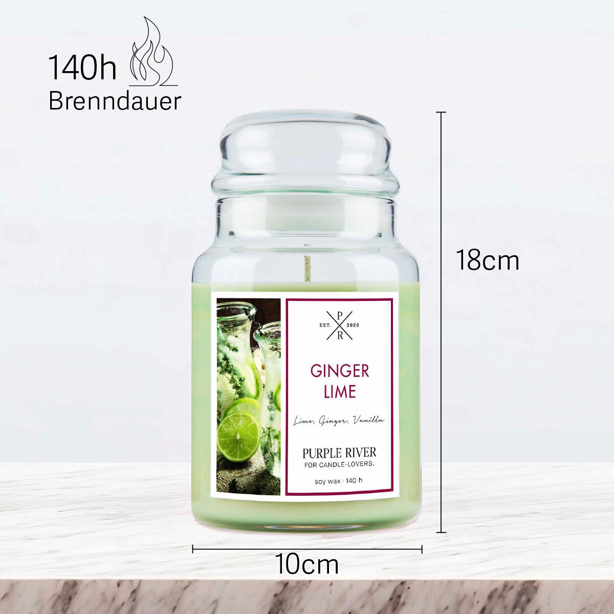 Vegane Premium-Sojawachs-Duftkerze ‚Ginger Lime‘ von Purple River (623g). Nachhaltige Kerze im Glas mit extralanger 140h-Brenndauer, Höhe 18cm & Breite 10cm. Hochwertige Deko, Made in Germany.