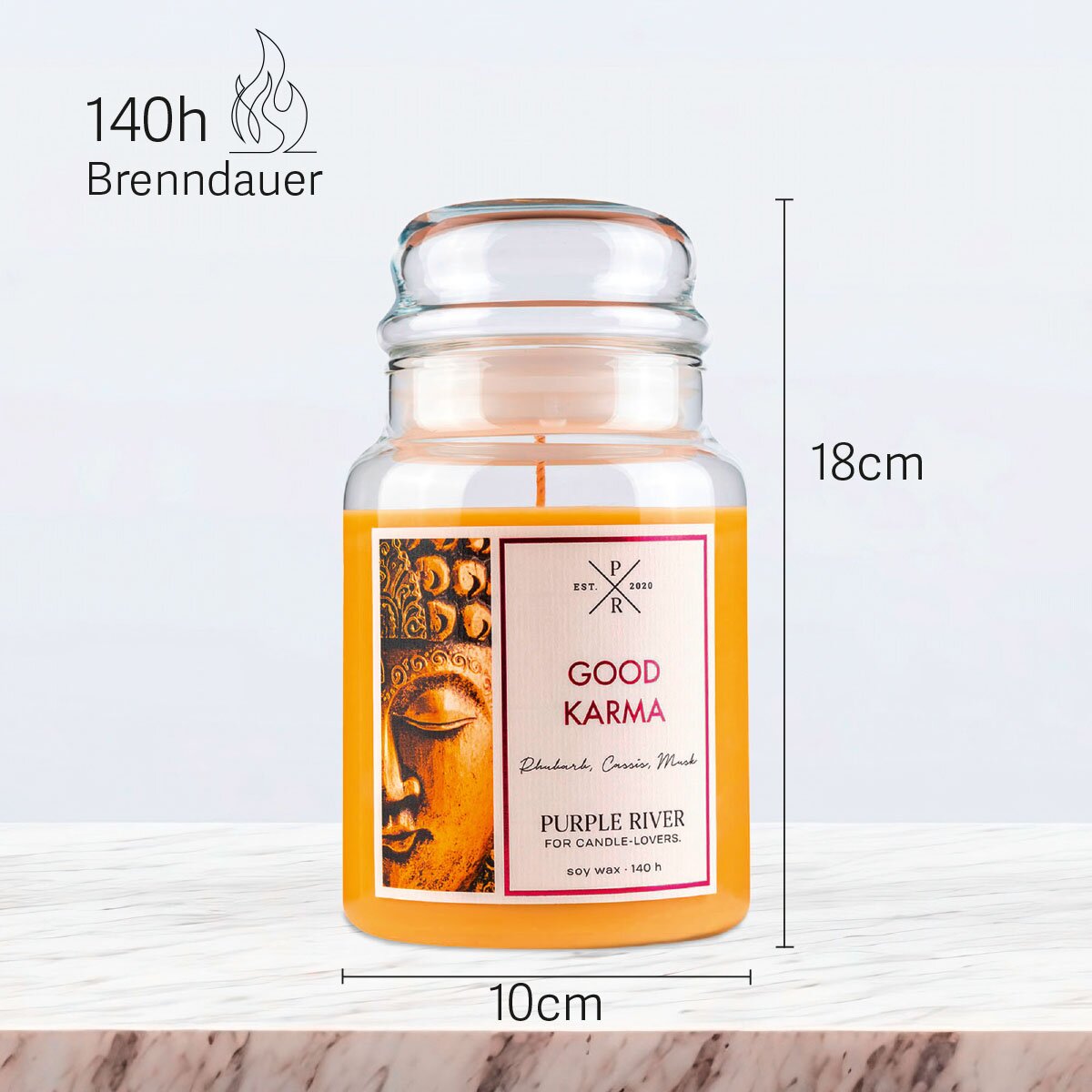 Vegane Premium-Sojawachs-Duftkerze ‚Good Karma‘ von Purple River (623g). Nachhaltige Kerze im Glas mit extralanger 140h-Brenndauer, Höhe 18cm & Breite 10cm. Hochwertige Yoga-Deko, Made in Germany.