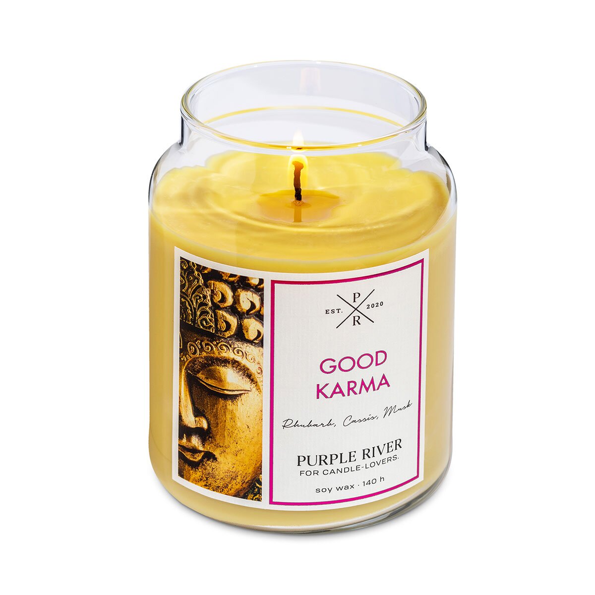Hochwertige Sojawachs-Duftkerze (623g) von Purple River mit extralanger 140h-Brenndauer. Die große vegane Duftkerze im Glas brennt & ist ohne Glasdeckel. Gefertigt in Deutschland, perfekt fürs Yoga.