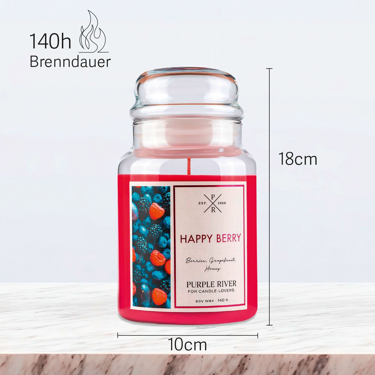 Vegane Premium-Sojawachs-Duftkerze ‚Happy Berry‘ von Purple River (623g). Nachhaltige Kerze im Glas mit extralanger 140h-Brenndauer, Höhe 18cm & Breite 10cm. Hochwertige Wellness-Deko, Made in Germany.