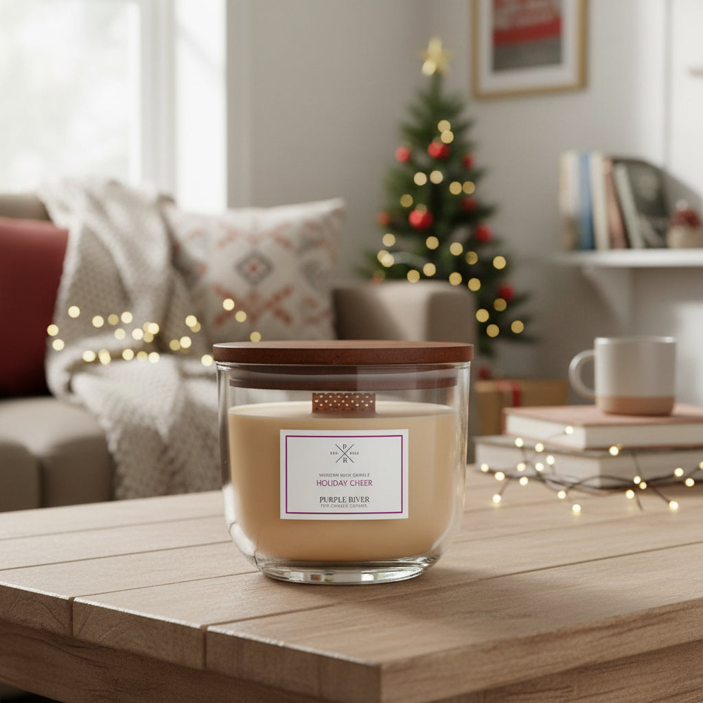 Vegane Sojawachs-Duftkerze von Purple River im Glas auf Holztisch im gemütlichen Wohnzimmer mit Weihnachtsbaum im Hintergrund, 370 g, 60 Stunden Brenndauer, hochwertige Weihnachtsdekoration und liebevolles Weihnachtsgeschenk, hergestellt in Deutschland.