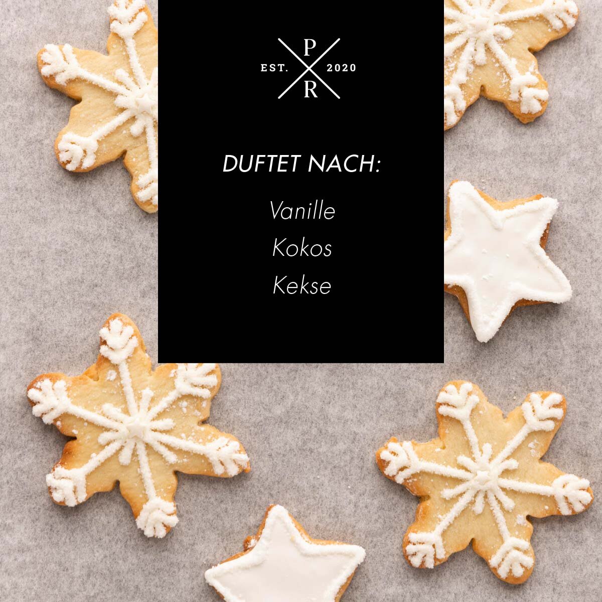 Vegane Sojawachs-Duftkerze mit Holzdocht von Purple River mit natürlichen Duftnoten Vanille, Kokos & Keks. Premium-Weihnachts-Kerze für entspannte Momente, stilvolle Wohndeko & besondere Weihnachtsgeschenke. Made in Germany.