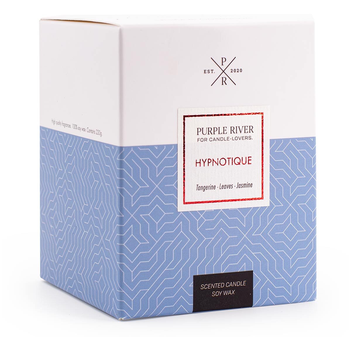 Verpackung der hochwertigen Sojawachskerze (220g) von Purple River mit langer 50h-Brenndauer. Die Verpackung ist oben weiß und unten blau, ideal als exklusives Geschenk oder stilvolle Überraschung. Hergestellt in Deutschland.