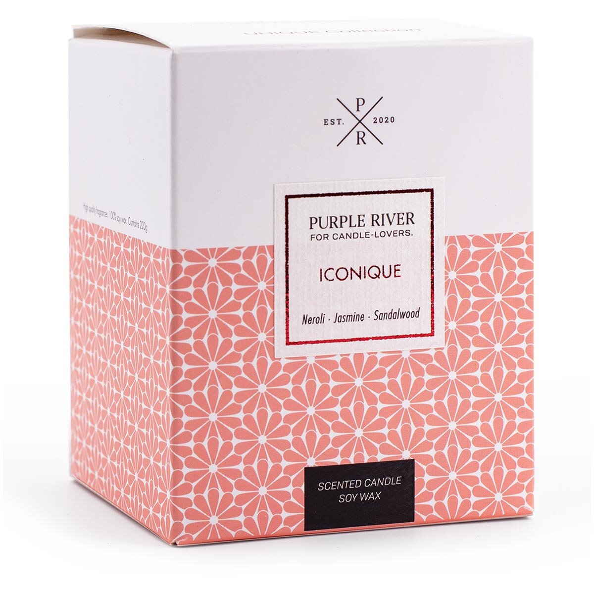 Verpackung der hochwertigen Sojawachskerze (220g) von Purple River mit langer 50h-Brenndauer. Die Verpackung ist oben weiß und unten orange, ideal als exklusives Geschenk oder stilvolle Überraschung. Hergestellt in Deutschland.