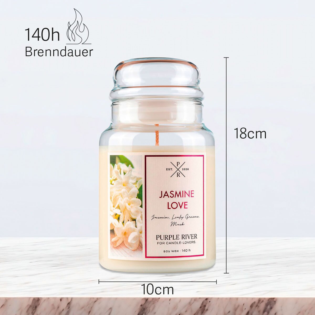 Vegane Premium-Sojawachs-Duftkerze ‚Jasmine Love‘ von Purple River (623g). Nachhaltige Kerze im Glas mit extralanger 140h-Brenndauer, Höhe 18cm & Breite 10cm. Hochwertige Wellness-Deko, Made in Germany.