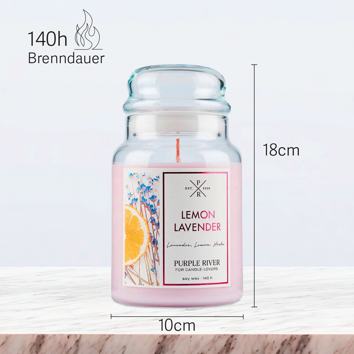 Vegane Premium-Sojawachs-Duftkerze ‚Lemon Lavender‘ von Purple River (623g). Nachhaltige Kerze im Glas mit extralanger 140h-Brenndauer, Höhe 18cm & Breite 10cm. Hochwertige Wellness-Deko, Made in Germany.