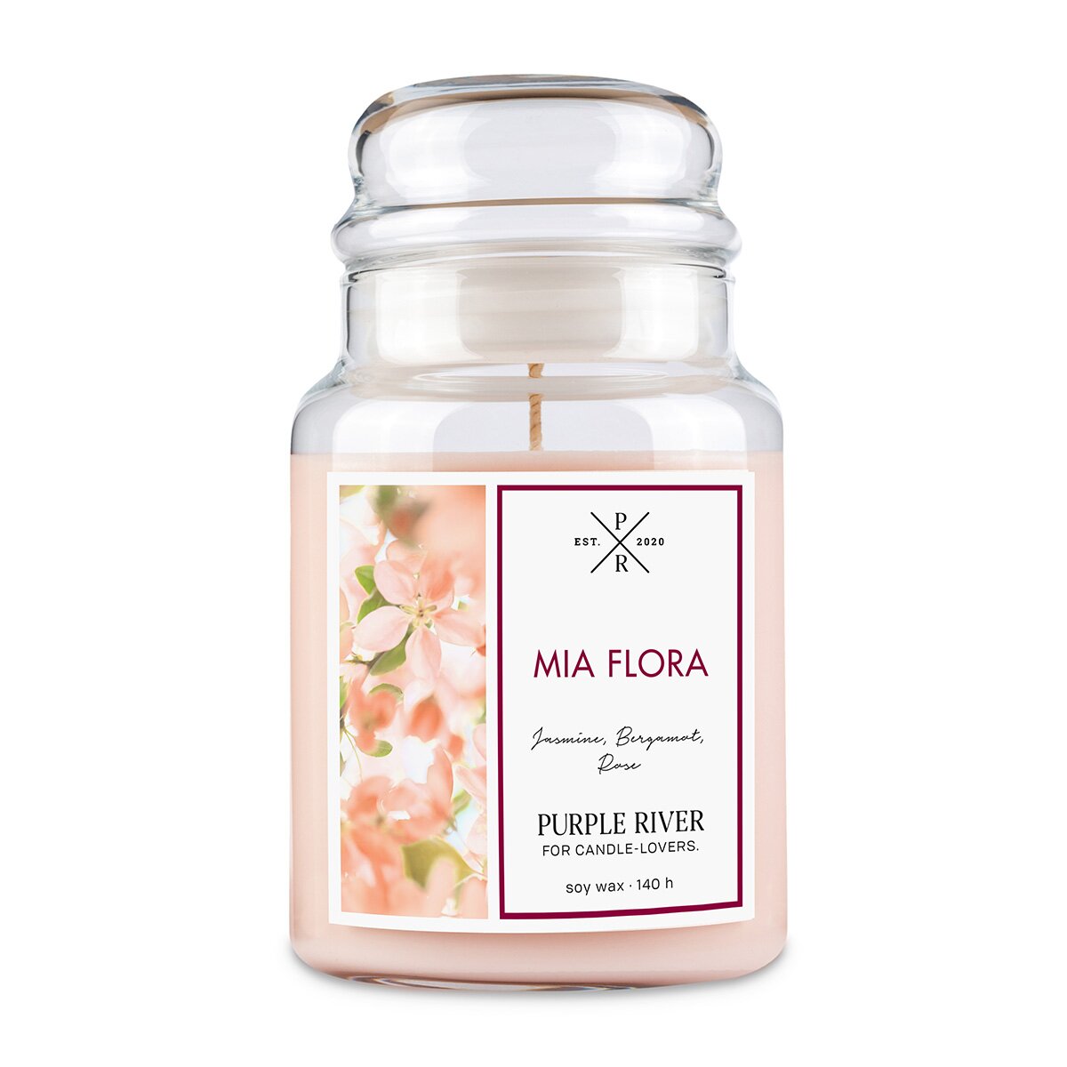 Hochwertige Sojawachs-Duftkerze (623g) von Purple River mit extralanger 140h-Brenndauer. Die große vegane Duftkerze im Glas mit rosa Wachs ist ideal als stilvolle Dekoration & luxuriöses Wellness-Geschenk. Gefertigt in Deutschland.