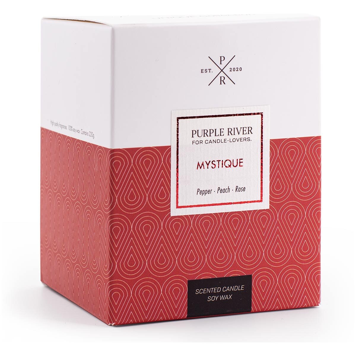 Verpackung der hochwertigen Sojawachskerze (220g) von Purple River mit langer 50h-Brenndauer. Die Verpackung ist oben weiß und unten rot, ideal als exklusives Geschenk oder stilvolle Überraschung. Hergestellt in Deutschland.