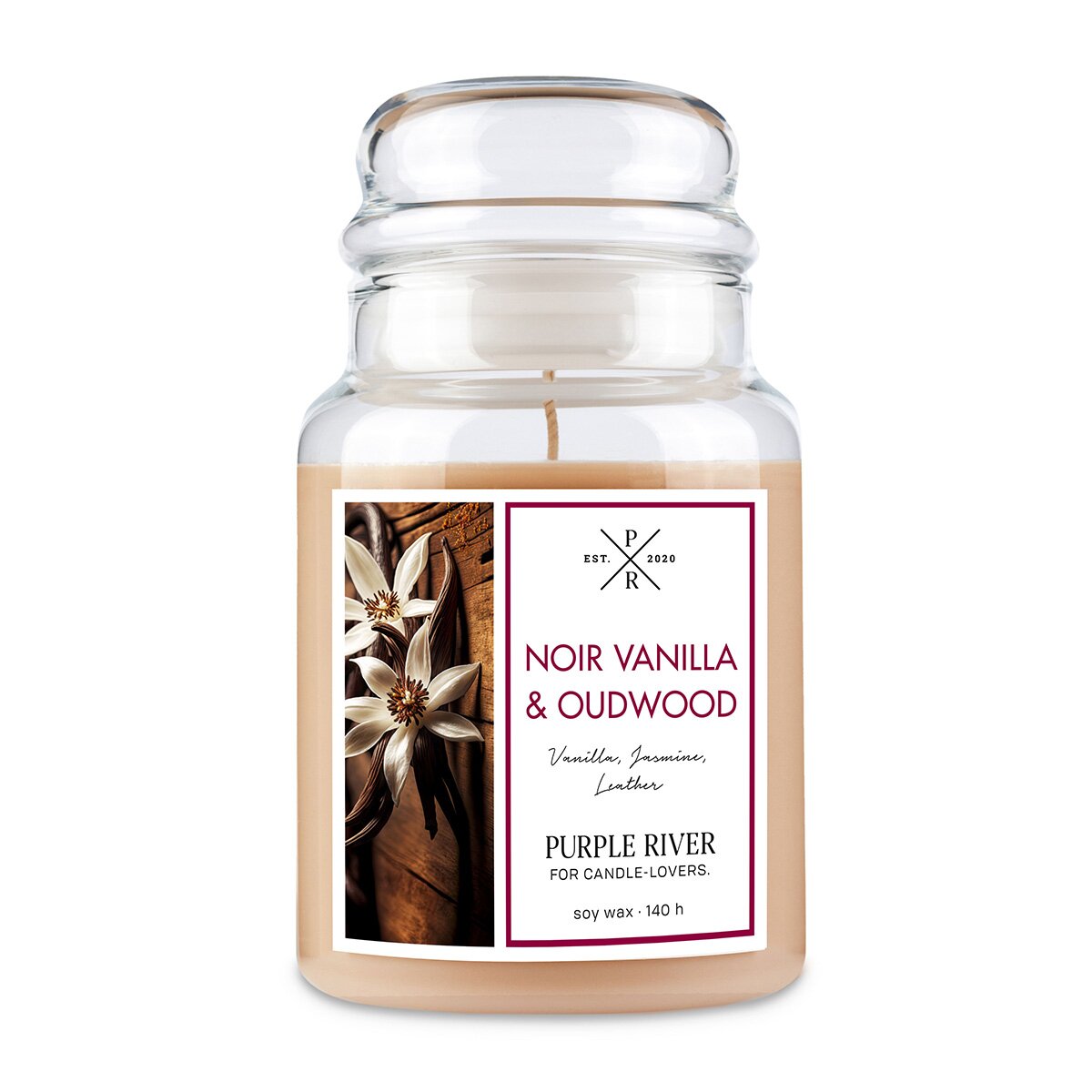 Hochwertige Sojawachs-Duftkerze (623g) von Purple River mit extralanger 140h-Brenndauer. Die große vegane Duftkerze im Glas mit braunem Wachs ist ideal als stilvolle Dekoration & luxuriöses Wellness-Geschenk. Gefertigt in Deutschland.