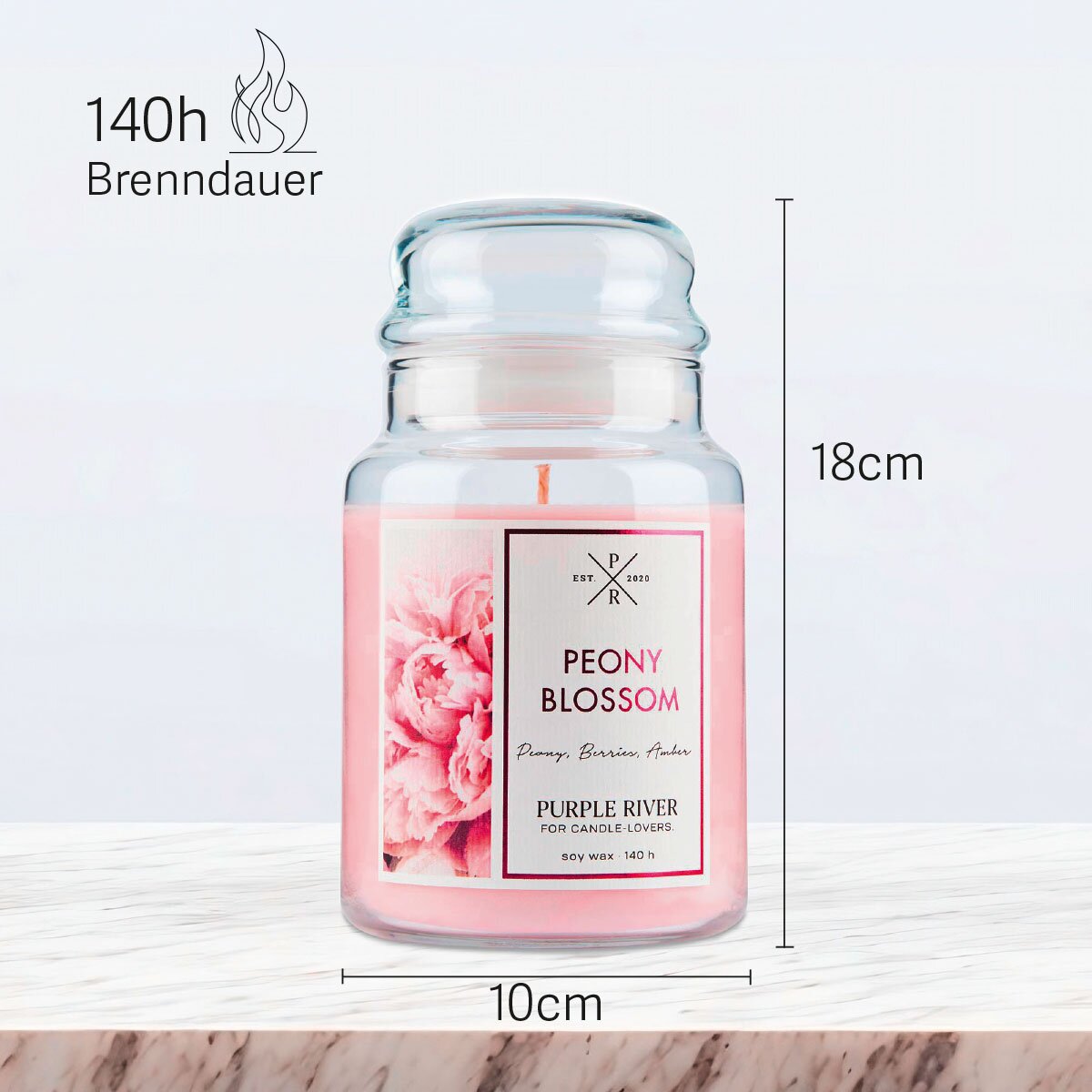 Vegane Premium-Sojawachs-Duftkerze ‚Peony Blossom‘ von Purple River (623g). Nachhaltige Kerze im Glas mit extralanger 140h-Brenndauer, Höhe 18cm & Breite 10cm. Hochwertige Wellness-Deko, Made in Germany.