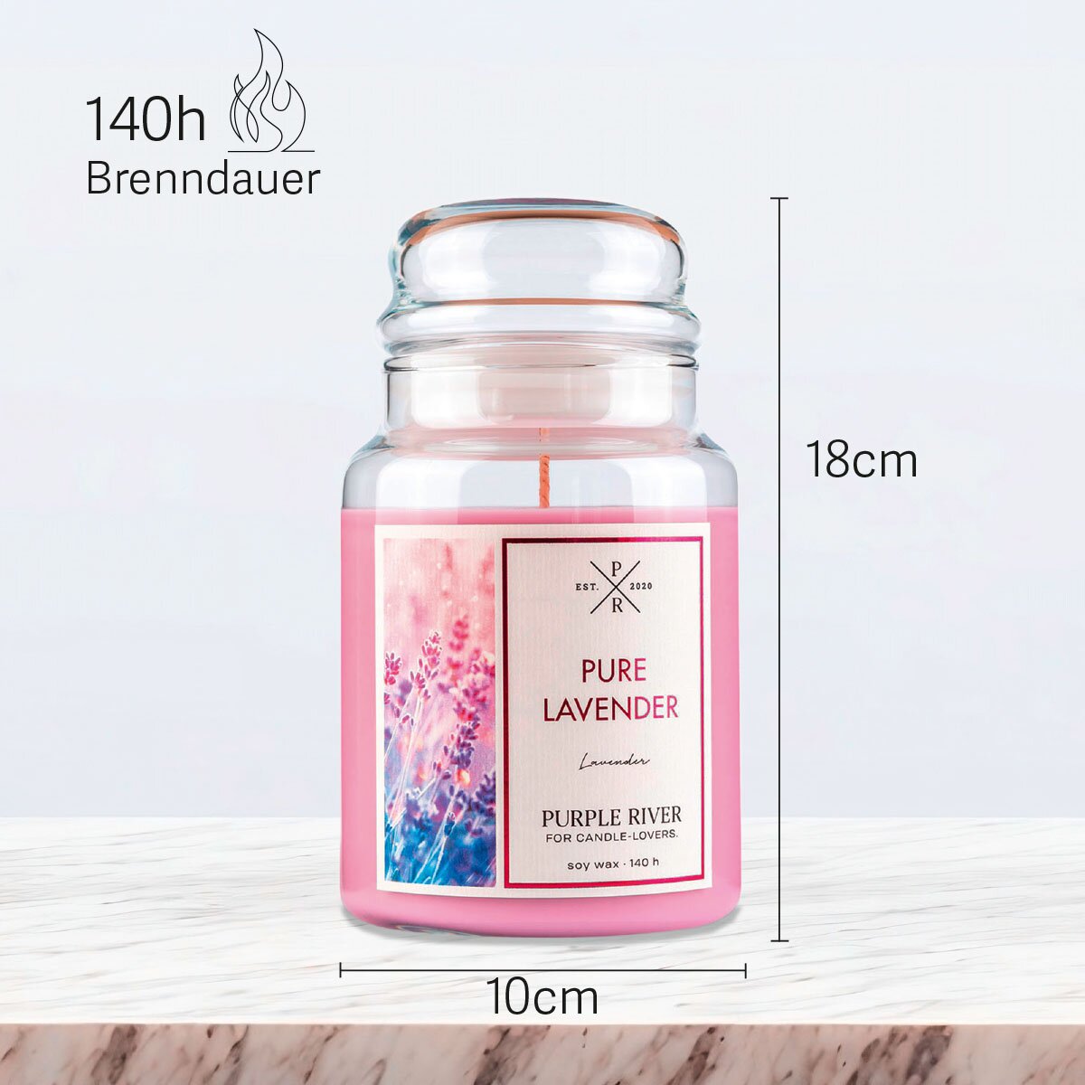 Vegane Premium-Sojawachs-Duftkerze ‚Pure Lavender‘ von Purple River (623g). Nachhaltige Kerze im Glas mit extralanger 140h-Brenndauer, Höhe 18cm & Breite 10cm. Hochwertige Wellness-Deko, Made in Germany.