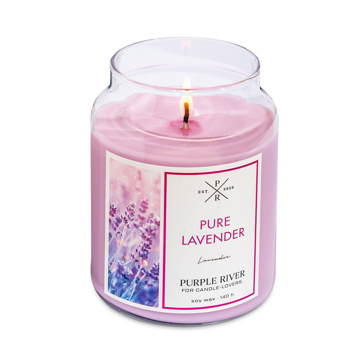 Hochwertige Sojawachs-Duftkerze (623g) von Purple River mit extralanger 140h-Brenndauer. Die große vegane Duftkerze im Glas brennt & ist ohne Glasdeckel. Gefertigt in Deutschland und mit Lavendel-Duft.