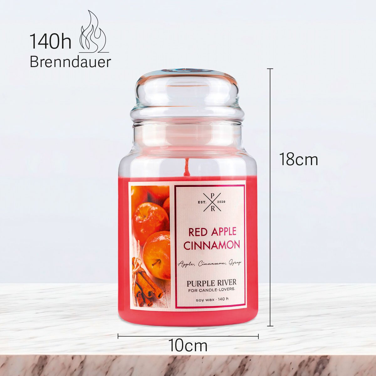 Vegane Premium-Sojawachs-Duftkerze ‚Red Apple Cinnamon‘ von Purple River (623g). Nachhaltige Kerze im Glas mit extralanger 140h-Brenndauer, Höhe 18cm & Breite 10cm. Hochwertige Wellness-Deko, Made in Germany.