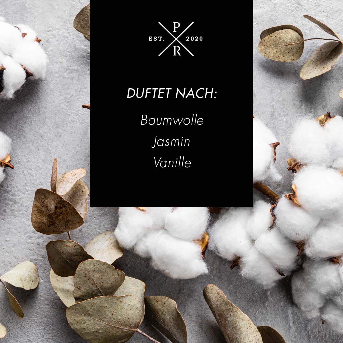 Vegane Sojawachs-Duftkerze von Purple River mit Holzdocht und natürlichen Duftnoten Baumwolle, Jasmin & Vanille. Premium-Wellness-Kerze für entspannte Momente, stilvolle Dekoration für Zuhause & hochwertige Geschenkidee zum Einzug. Made in Germany.