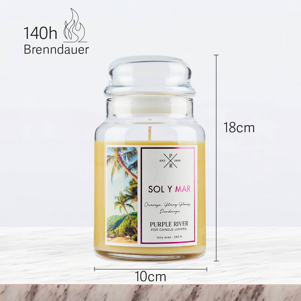 Vegane Premium-Sojawachs-Duftkerze ‚Sol y Mar‘ von Purple River (623g). Nachhaltige Kerze im Glas mit extralanger 140h-Brenndauer, Höhe 18cm & Breite 10cm. Hochwertige Wellness-Deko, Made in Germany.