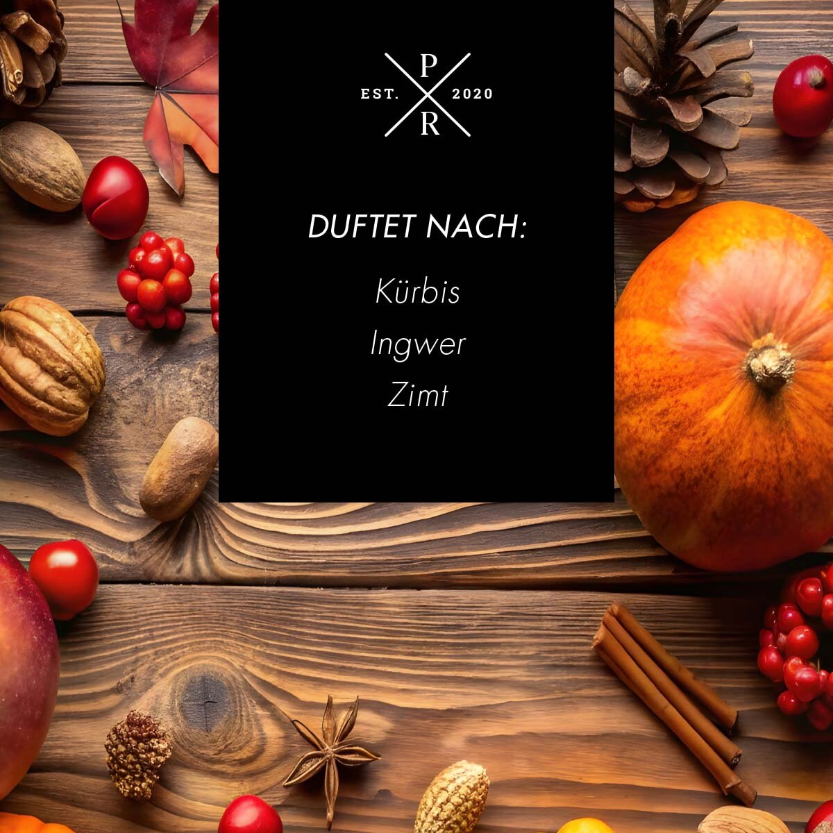 Vegane Sojawachs-Duftkerze von Purple River mit natürlichen Duftnoten Kürbis, Ingwer & Zimt. Premium-Herbst-Kerze für entspannte Momente, stilvolle Herbstdeko & hochwertige Geschenkideen. Made in Germany.