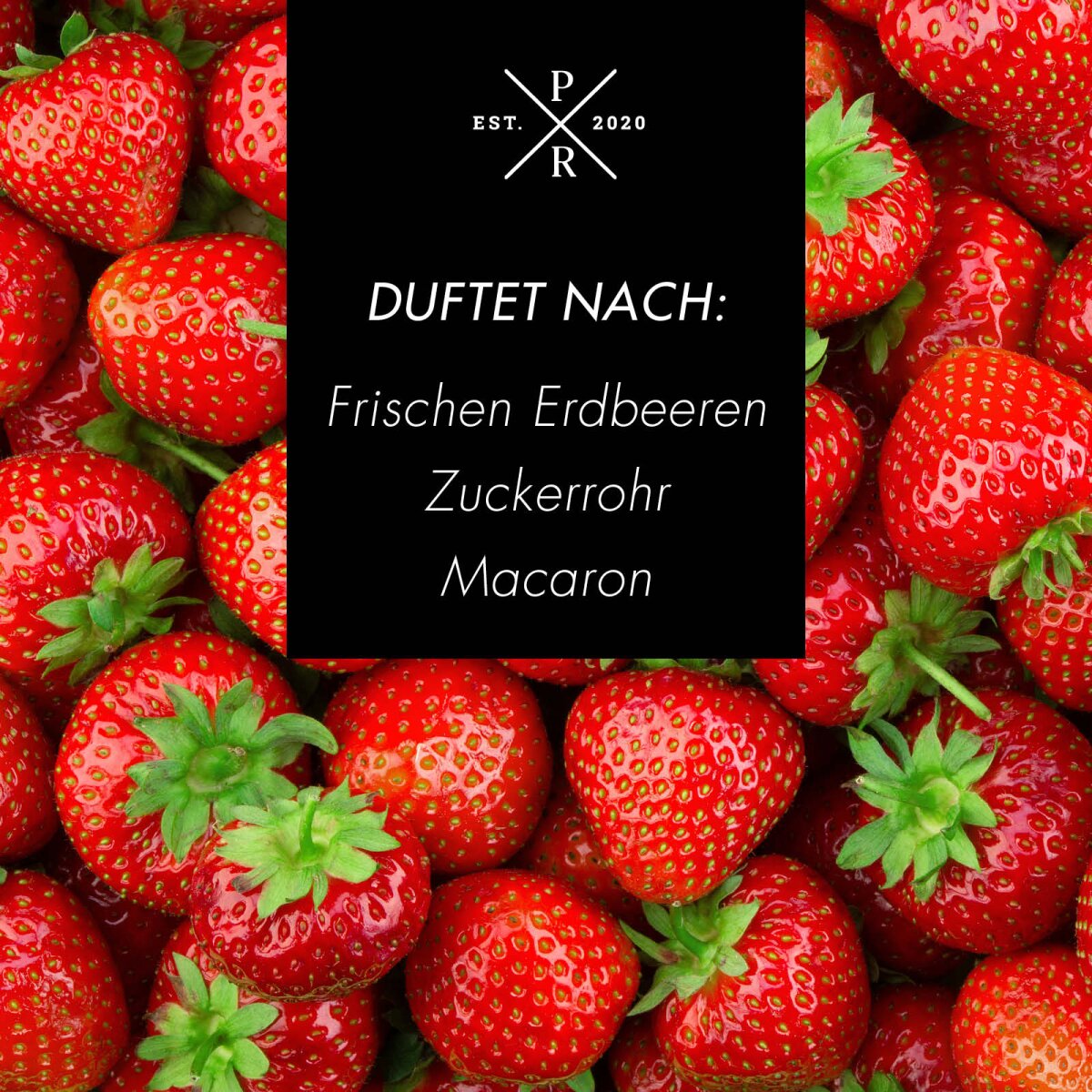 Vegane Sojawachs-Duftkerze von Purple River mit natürlichen Duftnoten Erdbeere, Zuckerrohr & Macaron. Premium-Sommer-Kerze für entspannte Momente, stilvolle Wohndeko & hochwertige Geschenkideen. Made in Germany.
