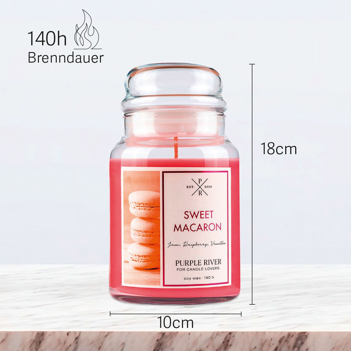 Vegane Premium-Sojawachs-Duftkerze ‚Sweet Macaron‘ von Purple River (623g). Nachhaltige Kerze im Glas mit extralanger 140h-Brenndauer, Höhe 18cm & Breite 10cm. Hochwertiges Geschenk, Made in Germany.