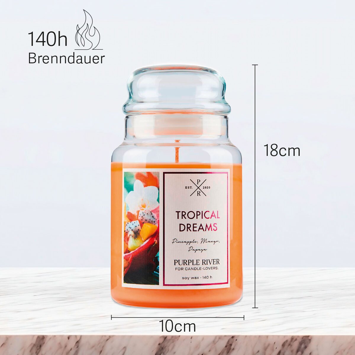 Vegane Premium-Sojawachs-Duftkerze ‚Tropical Dreams‘ von Purple River (623g). Nachhaltige Kerze im Glas mit extralanger 140h-Brenndauer, Höhe 18cm & Breite 10cm. Hochwertige Wellness-Deko, Made in Germany.