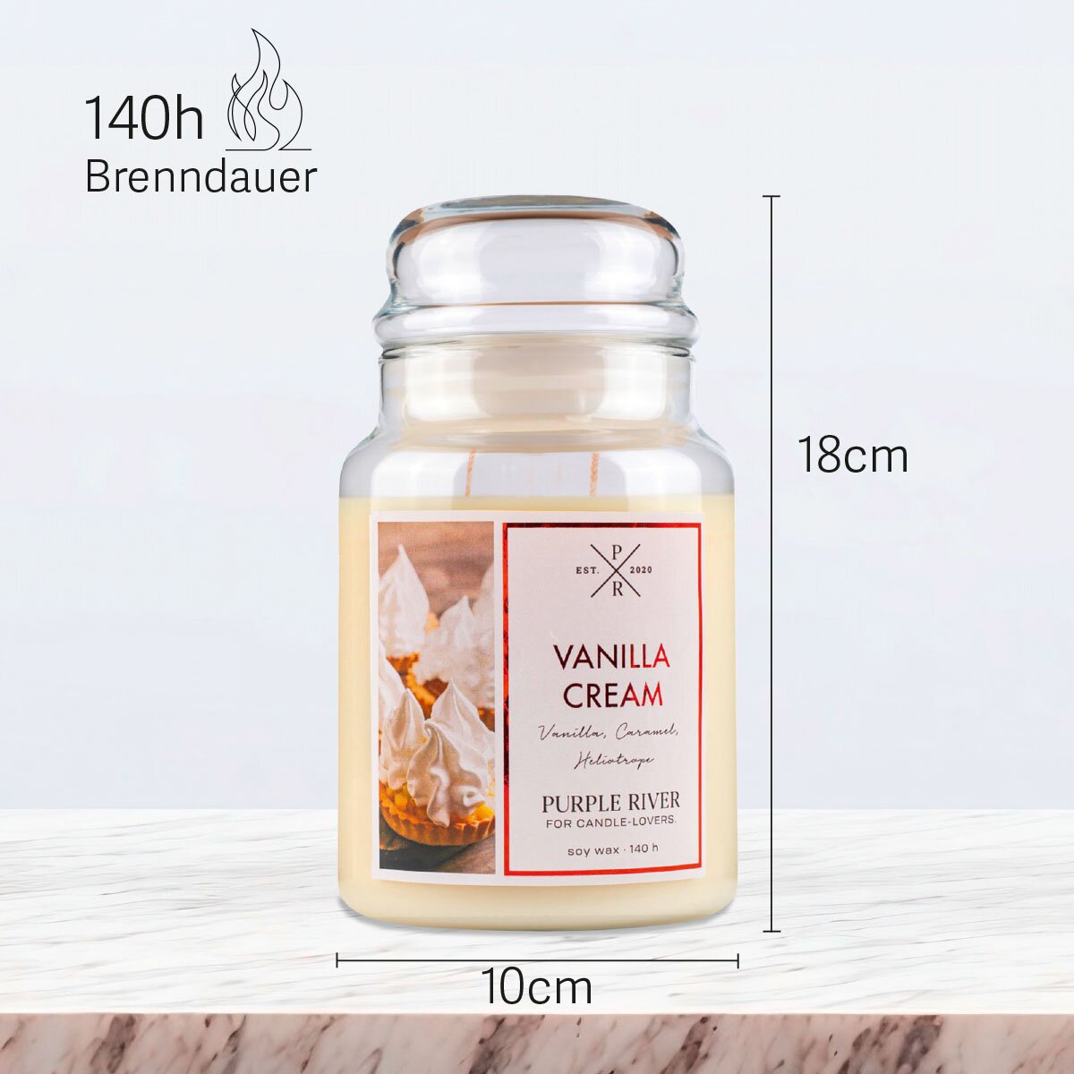 Vegane Premium-Sojawachs-Duftkerze ‚Vanilla Cream‘ von Purple River (623g). Nachhaltige Kerze im Glas mit extralanger 140h-Brenndauer, Höhe 18cm & Breite 10cm. Hochwertige Wellness-Deko, Made in Germany.