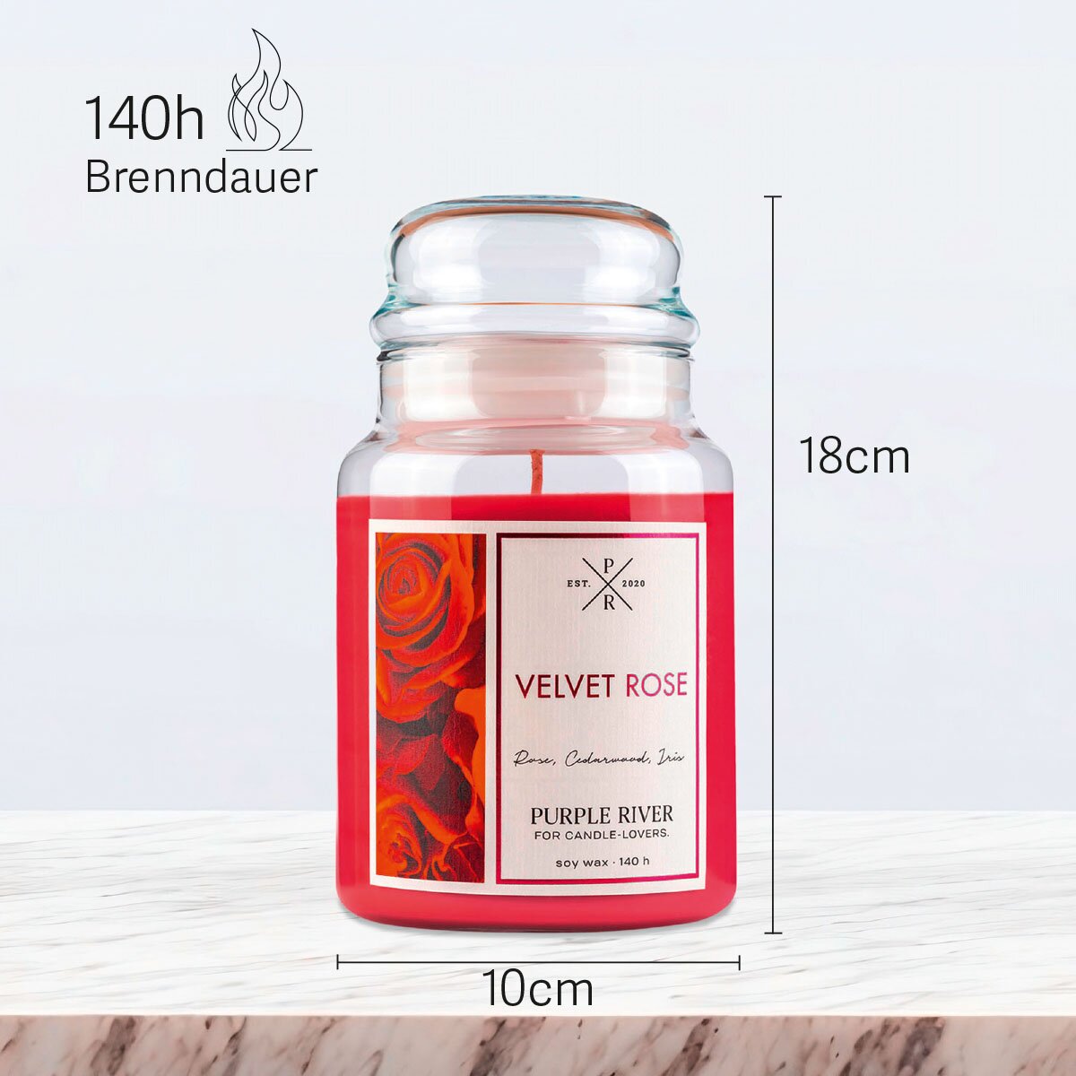 Vegane Premium-Sojawachs-Duftkerze ‚Velvet Rose‘ von Purple River (623g). Nachhaltige Kerze im Glas mit extralanger 140h-Brenndauer, Höhe 18cm & Breite 10cm. Kreatives Geschenk zum  Valentinstag, Made in Germany.