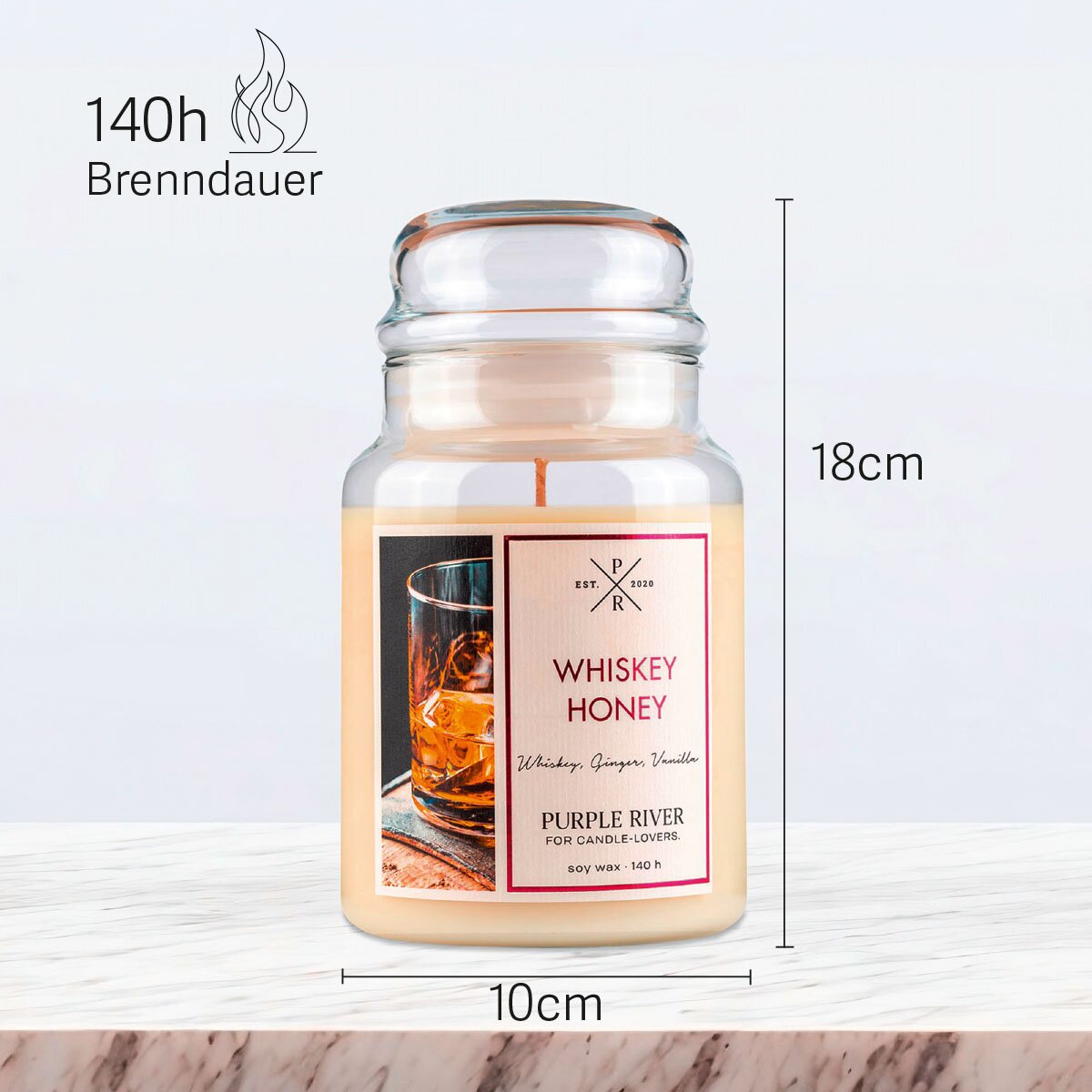 Vegane Premium-Sojawachs-Duftkerze ‚Whiskey Honey‘ von Purple River (623g). Nachhaltige Kerze im Glas mit extralanger 140h-Brenndauer, Höhe 18cm & Breite 10cm. Besonderes Geschenk zum Vatertag, Made in Germany.